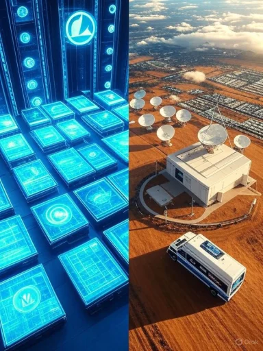 Split view: glowing blue data vaults on the left and a desert satellite ground station on the right.