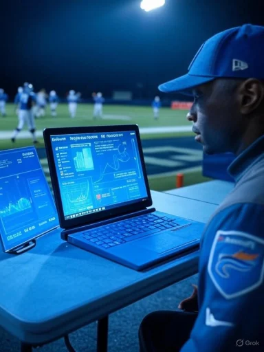 Baseball analyst in blue uses a laptop to study graphs during a nighttime game.