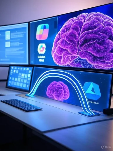 Futuristic multi-monitor workstation with a glowing neon-brain display.