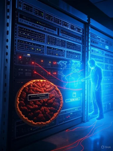 Blue-lit data center with a holographic figure wiring a world map to a giant brain-shaped pie.