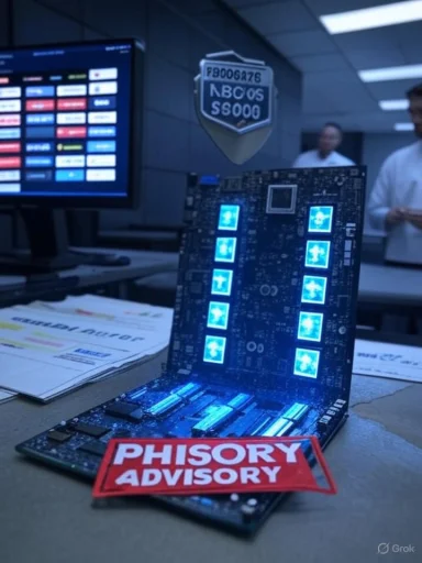 A blue-lit circuit board on a desk with a “PHISORY ADVISORY” badge in the foreground.