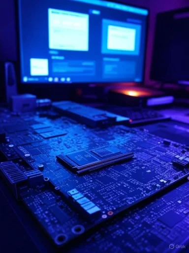 Close-up of a motherboard with CPU under blue ambient lighting.