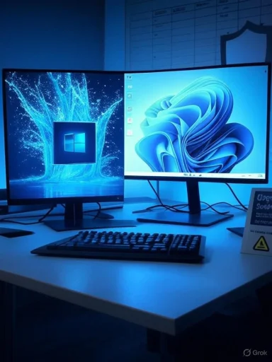 Blue-lit dual-monitor computer setup on a white desk with a keyboard.