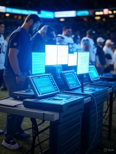 Illuminated touchscreen kiosks line a mobile cart at a crowded arena event.