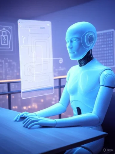 Blue humanoid robot sits at a desk, interacting with a holographic interface.