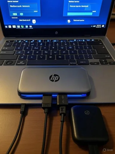 HP laptop connected to multiple USB devices, including an external hard drive.