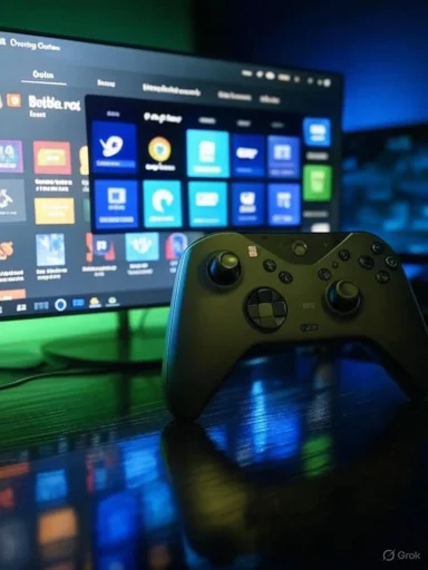 Game controller on a desk in front of a glowing monitor displaying colorful app tiles.