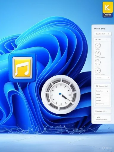 Blue abstract Windows 11 wallpaper featuring a yellow music icon and a white clock dial.