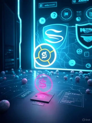 Neon pink dollar sign hologram hovers over a futuristic control panel.