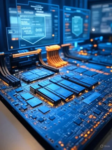 Close-up of a blue-lit server motherboard with RAM modules and display panels.