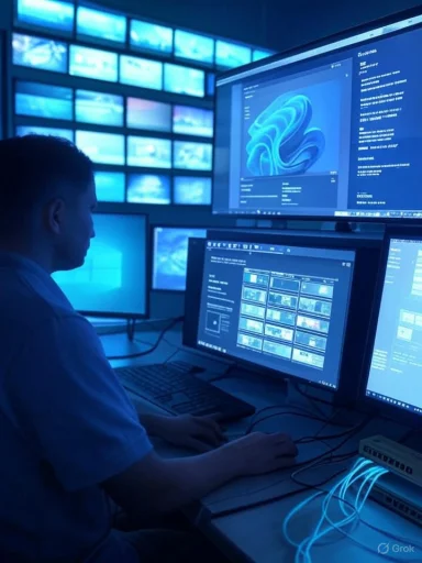 A technician monitors multiple screens in a blue-lit control room.
