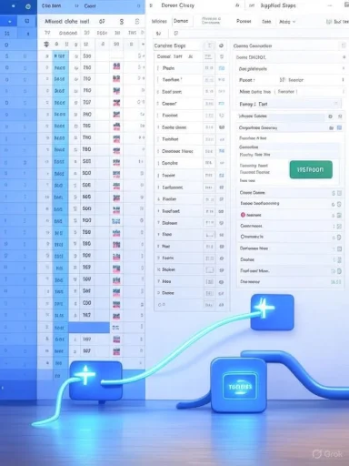 Blue-toned data dashboard with spreadsheets and neon cables connecting data modules.