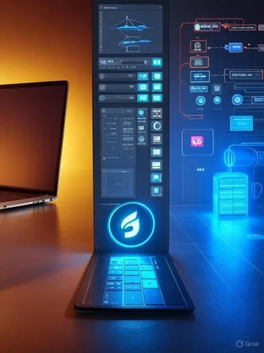 A futuristic laptop with a tall vertical display panel and neon blue holographic UI.