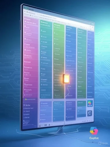 A curved monitor shows a vibrant, multi-column dashboard with a glowing orange indicator.