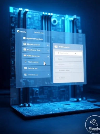 A translucent holographic UI floats above a blue-lit server rack.