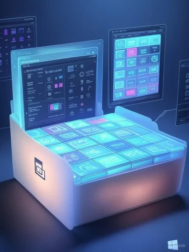 A futuristic display of glowing blue tiles inside a white kiosk with holographic screens.