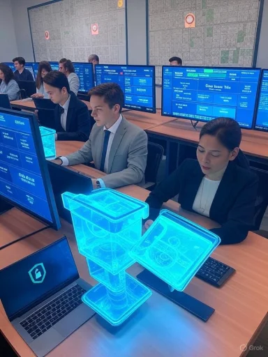 Staff in a control room monitor blue dashboards on multiple screens, as a glowing holographic 3D container floats.