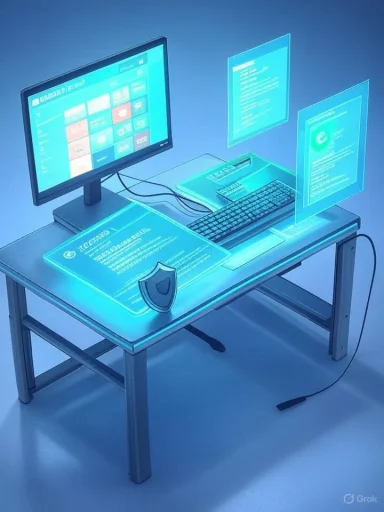A futuristic desk setup featuring holographic blue screens and a glowing computer.