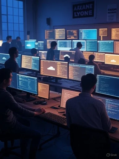 Dim blue-lit computer lab with programmers at rows of monitors displaying code.