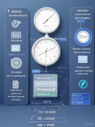 A blue infographic featuring two stacked clocks, timelines, and various tech icons.