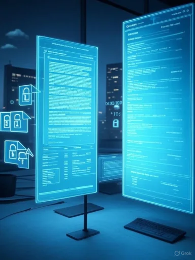 Futuristic holographic blue data screens display code and padlock icons.