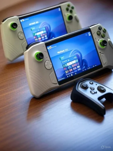 Two handheld gaming consoles with neon-green thumbsticks on a wooden table, with a small black controller nearby.