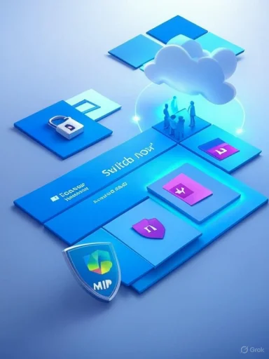 Isometric blue cloud computing dashboard showing security, collaboration, and data sharing icons.