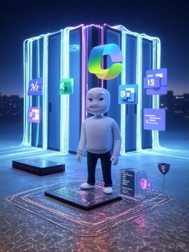 A friendly 3D avatar stands on a glowing platform amid neon, futuristic tech holograms.