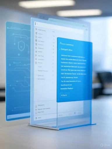 Three translucent blue screens float above a desk, displaying futuristic UI panels.