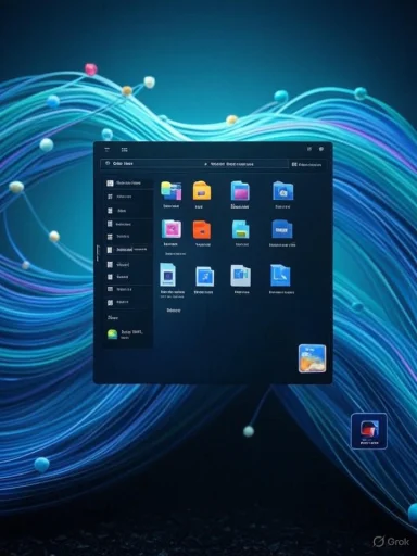 A dark-mode file explorer window floats over a vivid blue swirl background.