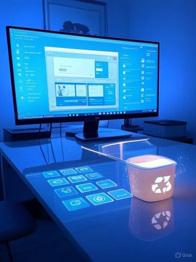 Blue-lit desk setup featuring a monitor and holographic touch icons projected on the glass.