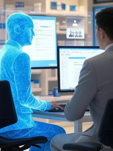 A blue holographic figure works alongside a person at a desk with multiple computer monitors.