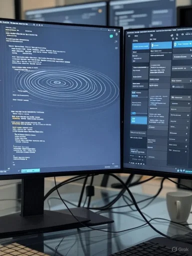 Dual monitors display code with a spiral visualization on the left and a dashboard on the right.