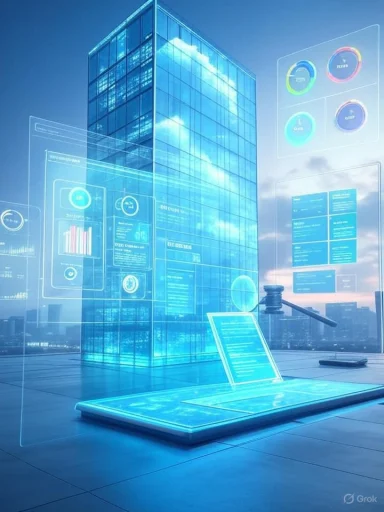A futuristic glass tower surrounded by holographic data displays and a glowing tablet.