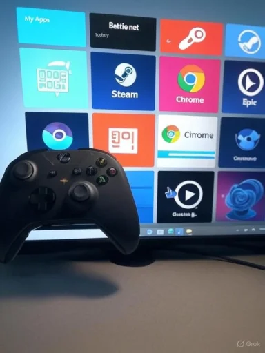 A black game controller rests in front of a screen filled with colorful app icons.