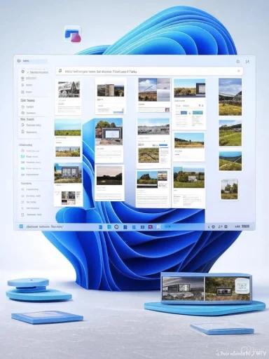 A Windows desktop window displaying many document thumbnails against a blue abstract backdrop.