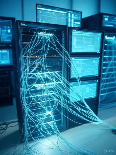A data center server rack with tangled network cables and blue lighting.