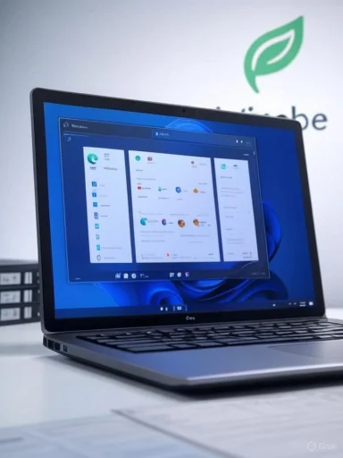 A slim silver laptop on a desk displays a Windows-style desktop with multiple open windows.