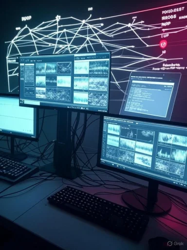 Multi-monitor workstation displaying audio spectrograms and data visuals in a dark high-tech lab.