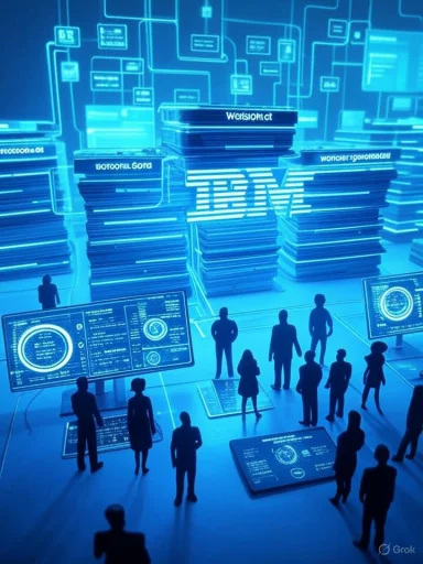 A futuristic IBM data center with stacked blocks and holographic dashboards.