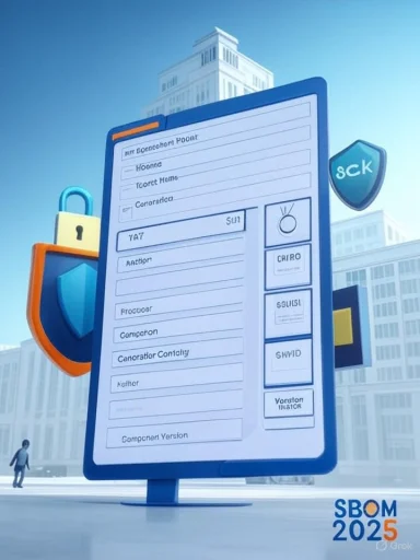 A giant blue kiosk displays a long digital form in a futuristic city with shield logos and SBOM 2025.