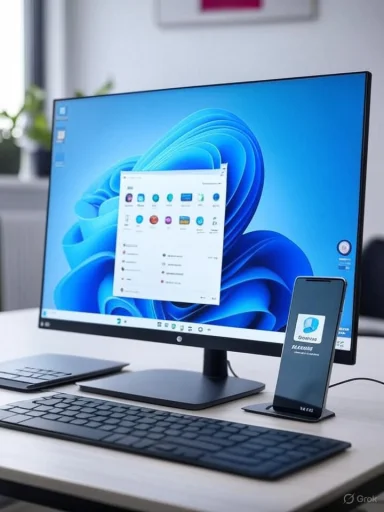 Modern desk setup with a large monitor, wireless keyboard, and a phone on a stand.