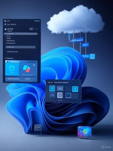 Floating digital windows hover over a blue abstract sculpture beneath a lone cloud.