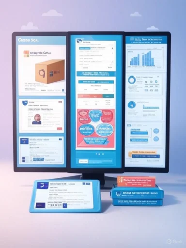 A triple-monitor setup displays dashboards and charts, with a tablet and blue-spined books nearby.