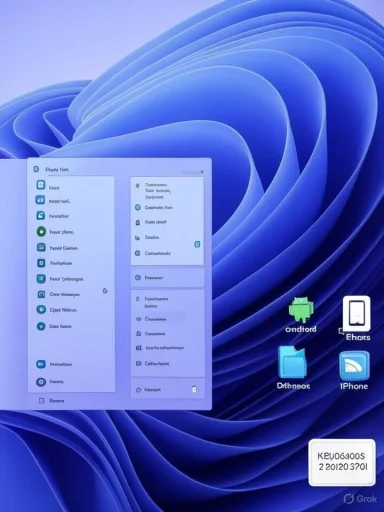 Windows-style desktop with a blue abstract wallpaper, a translucent window, and icons on the right.
