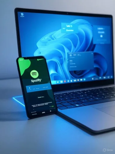 A laptop and smartphone displaying Spotify, bathed in blue ambient light.