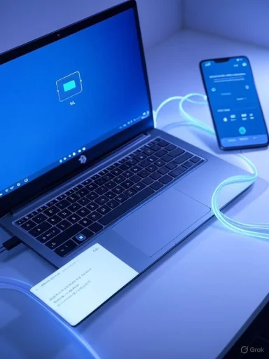 Blue-lit laptop charges a smartphone via a glowing USB-C cable.