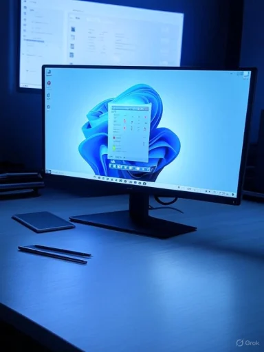 A desk setup with a large monitor displaying Windows, a smartphone, and two pens under blue lighting.