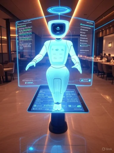 A blue holographic robot stands on a pedestal, framed by glowing information panels.