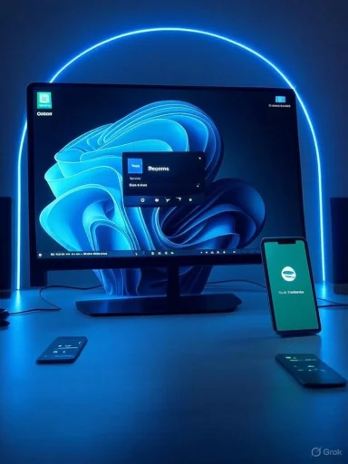 Blue neon circle frames a desk setup with a curved monitor displaying a blue abstract wallpaper and a nearby phone.